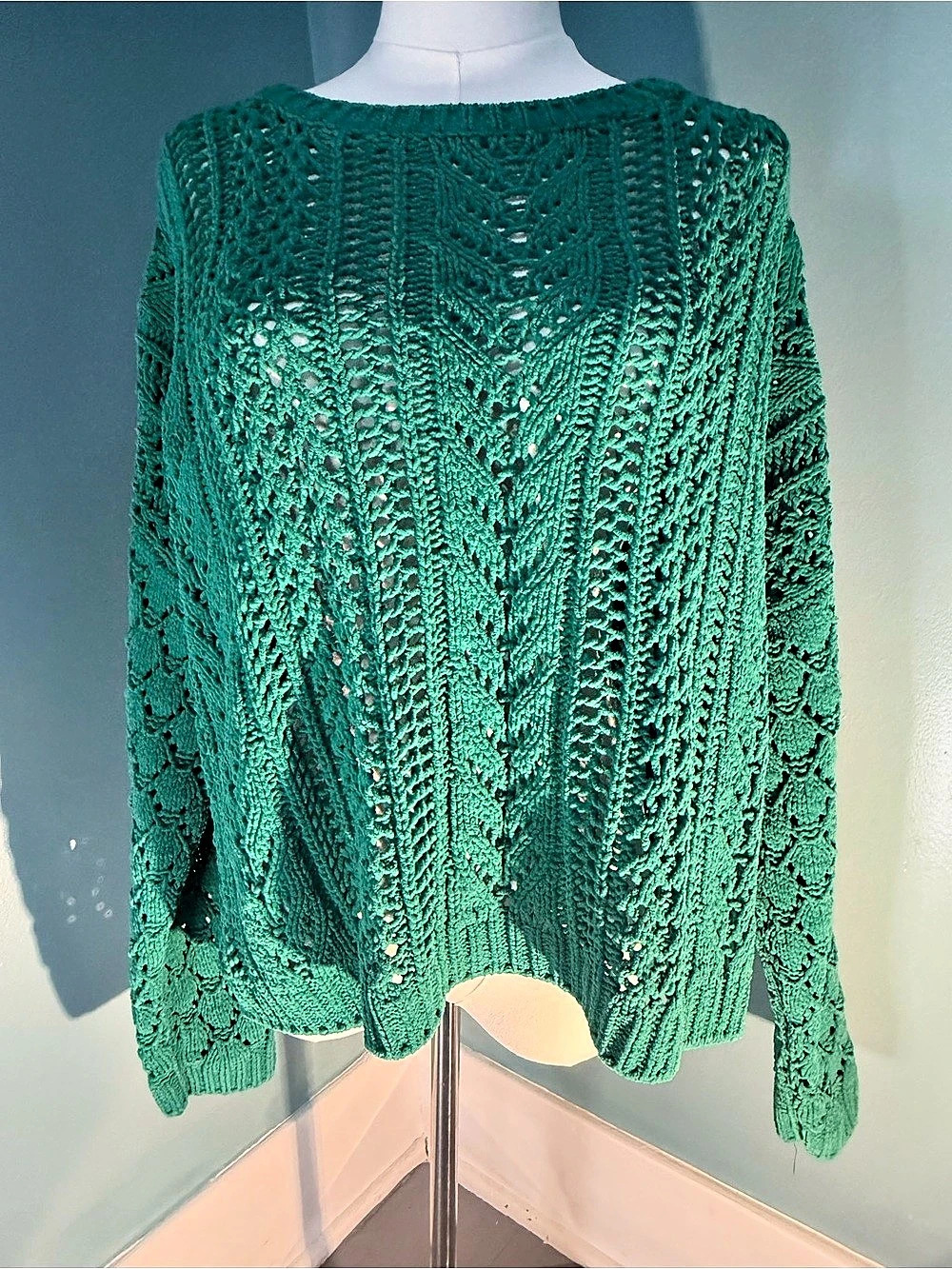 Halogen Size 1X Green Open Knit Chenille Sweater Oversized Boho Pullover